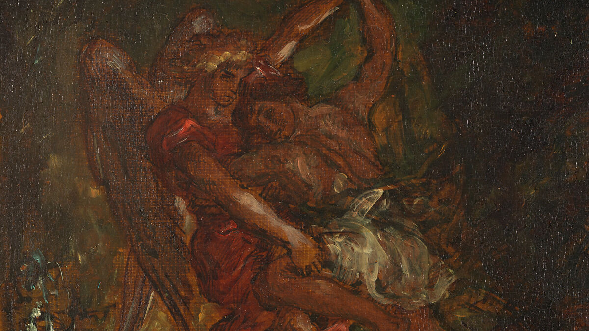 Jacob Wrestling with the Angel, Eugène Delacroix (French, Charenton-Saint-Maurice 1798–1863 Paris), Oil over pen and ink on tracing paper; mounted on canvas and backed with linen