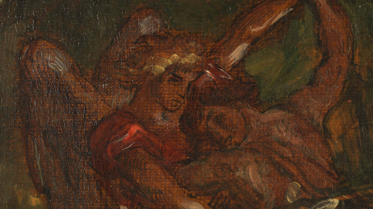 Jacob Wrestling with the Angel, Eugène Delacroix (French, Charenton-Saint-Maurice 1798–1863 Paris), Oil over pen and ink on tracing paper; mounted on canvas and backed with linen