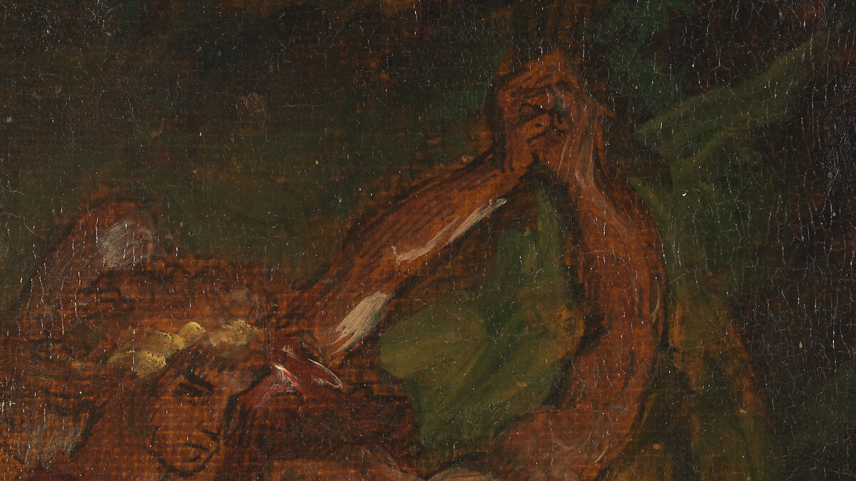 Jacob Wrestling with the Angel, Eugène Delacroix (French, Charenton-Saint-Maurice 1798–1863 Paris), Oil over pen and ink on tracing paper; mounted on canvas and backed with linen