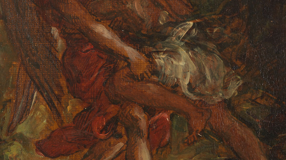 Jacob Wrestling with the Angel, Eugène Delacroix (French, Charenton-Saint-Maurice 1798–1863 Paris), Oil over pen and ink on tracing paper; mounted on canvas and backed with linen