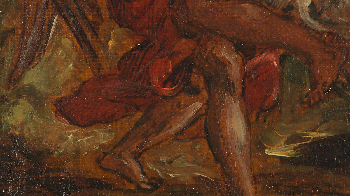 Jacob Wrestling with the Angel, Eugène Delacroix (French, Charenton-Saint-Maurice 1798–1863 Paris), Oil over pen and ink on tracing paper; mounted on canvas and backed with linen