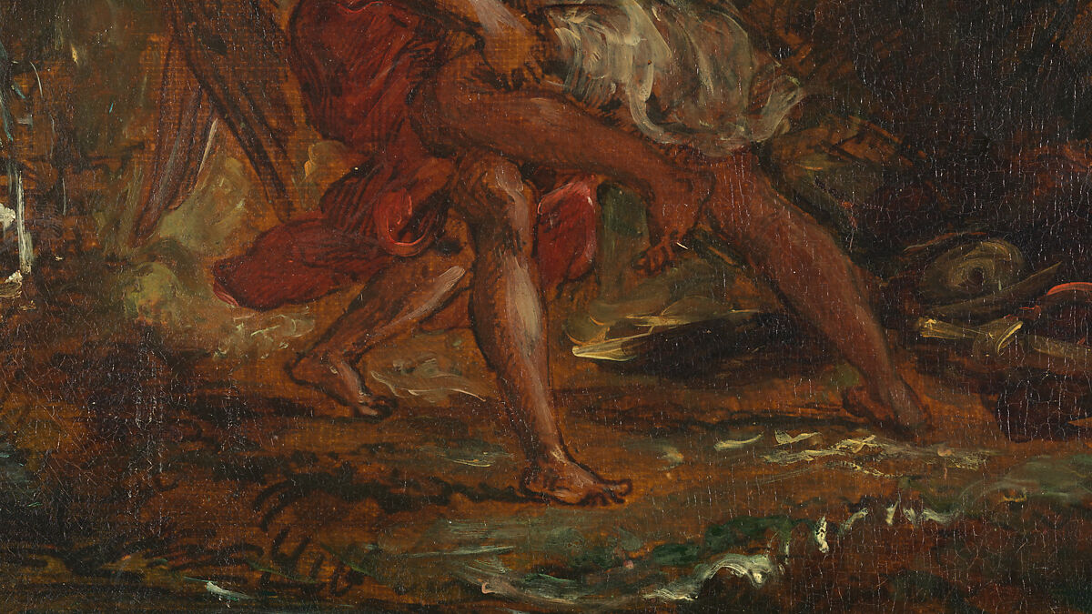 Jacob Wrestling with the Angel, Eugène Delacroix (French, Charenton-Saint-Maurice 1798–1863 Paris), Oil over pen and ink on tracing paper; mounted on canvas and backed with linen