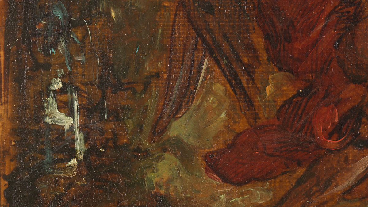 Jacob Wrestling with the Angel, Eugène Delacroix (French, Charenton-Saint-Maurice 1798–1863 Paris), Oil over pen and ink on tracing paper; mounted on canvas and backed with linen