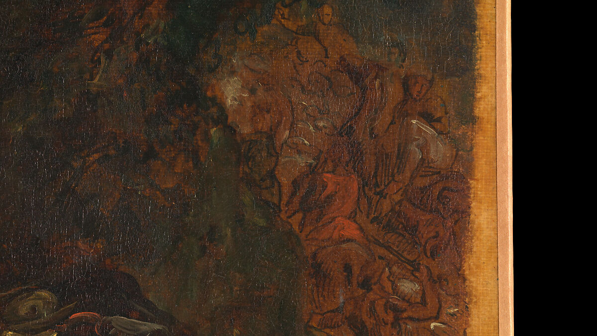 Jacob Wrestling with the Angel, Eugène Delacroix (French, Charenton-Saint-Maurice 1798–1863 Paris), Oil over pen and ink on tracing paper; mounted on canvas and backed with linen
