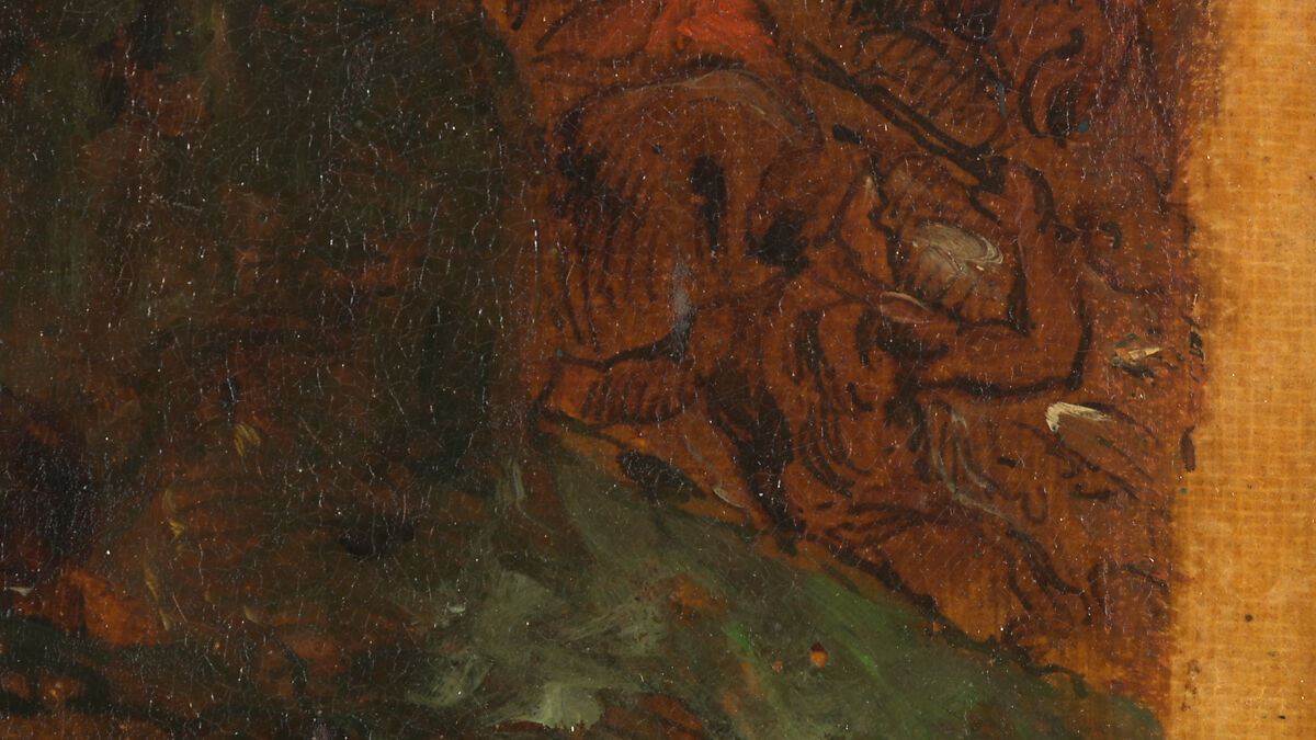 Jacob Wrestling with the Angel, Eugène Delacroix (French, Charenton-Saint-Maurice 1798–1863 Paris), Oil over pen and ink on tracing paper; mounted on canvas and backed with linen