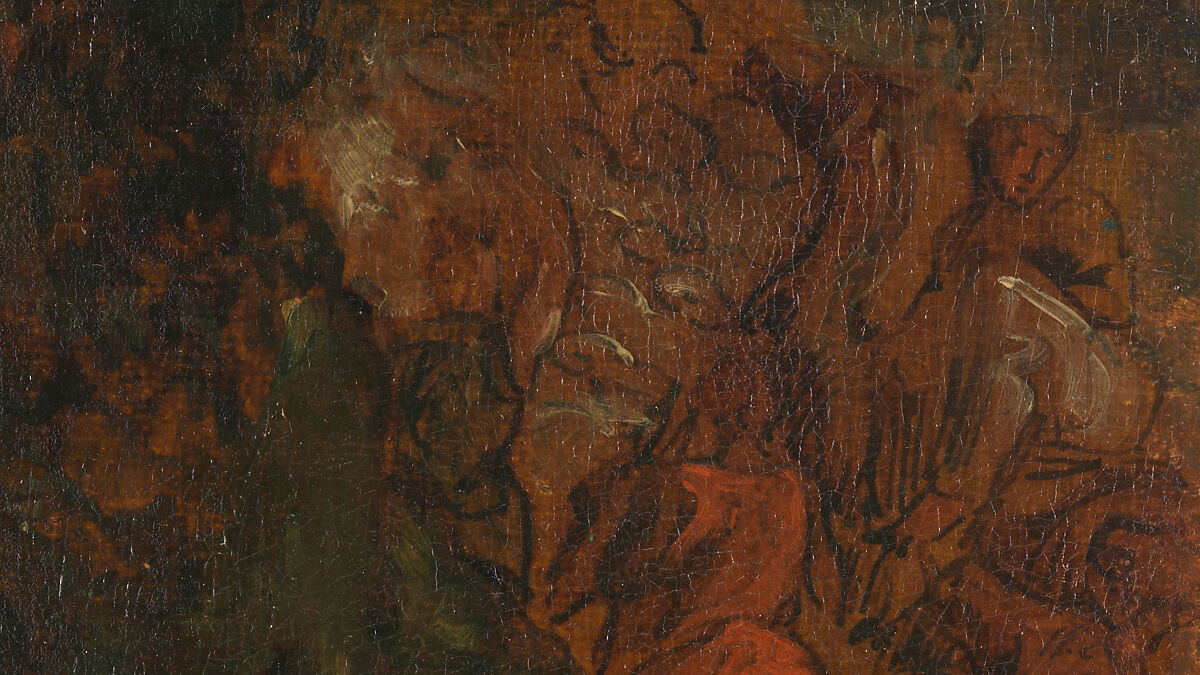 Jacob Wrestling with the Angel, Eugène Delacroix (French, Charenton-Saint-Maurice 1798–1863 Paris), Oil over pen and ink on tracing paper; mounted on canvas and backed with linen