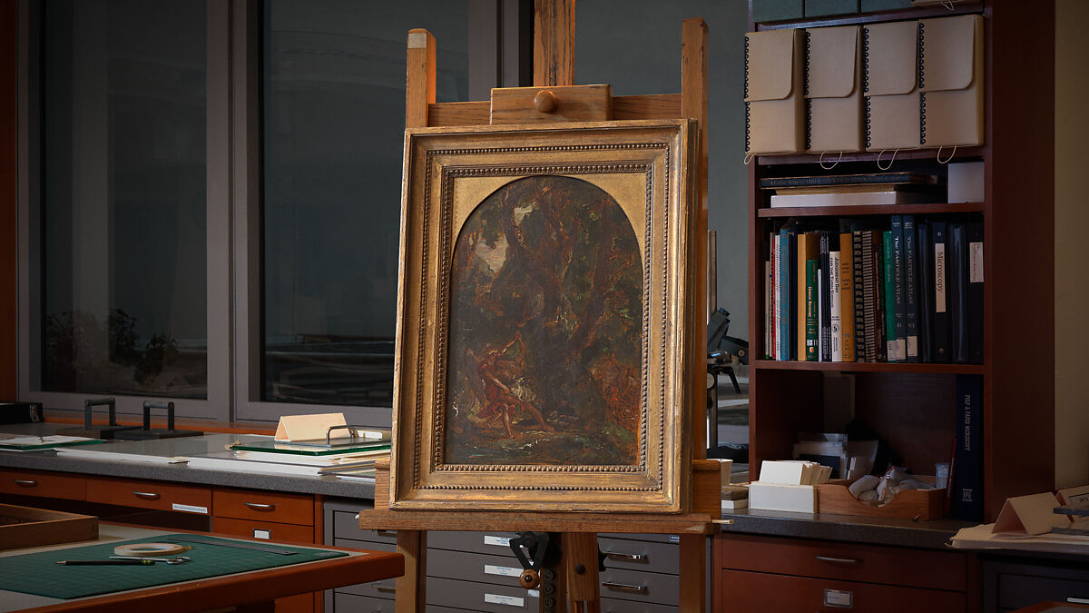 Jacob Wrestling with the Angel, Eugène Delacroix (French, Charenton-Saint-Maurice 1798–1863 Paris), Oil over pen and ink on tracing paper; mounted on canvas and backed with linen