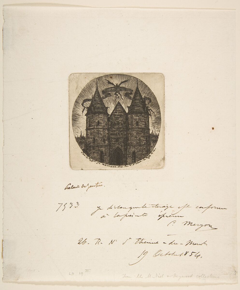 The Old Entrance to the Palais de Justice, Paris, frontispiece to "Etchings of Paris", Charles Meryon (French, 1821–1868), Etching and drypoint; second (final) state (Schneiderman)
