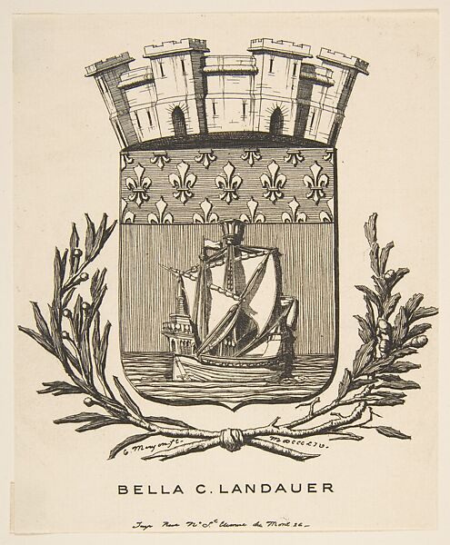 Coat-of-Arms Symbolizing the City of Paris; Bookplate of Bella C. Landauer, Charles Meryon (French, 1821–1868), Etching on laid paper 