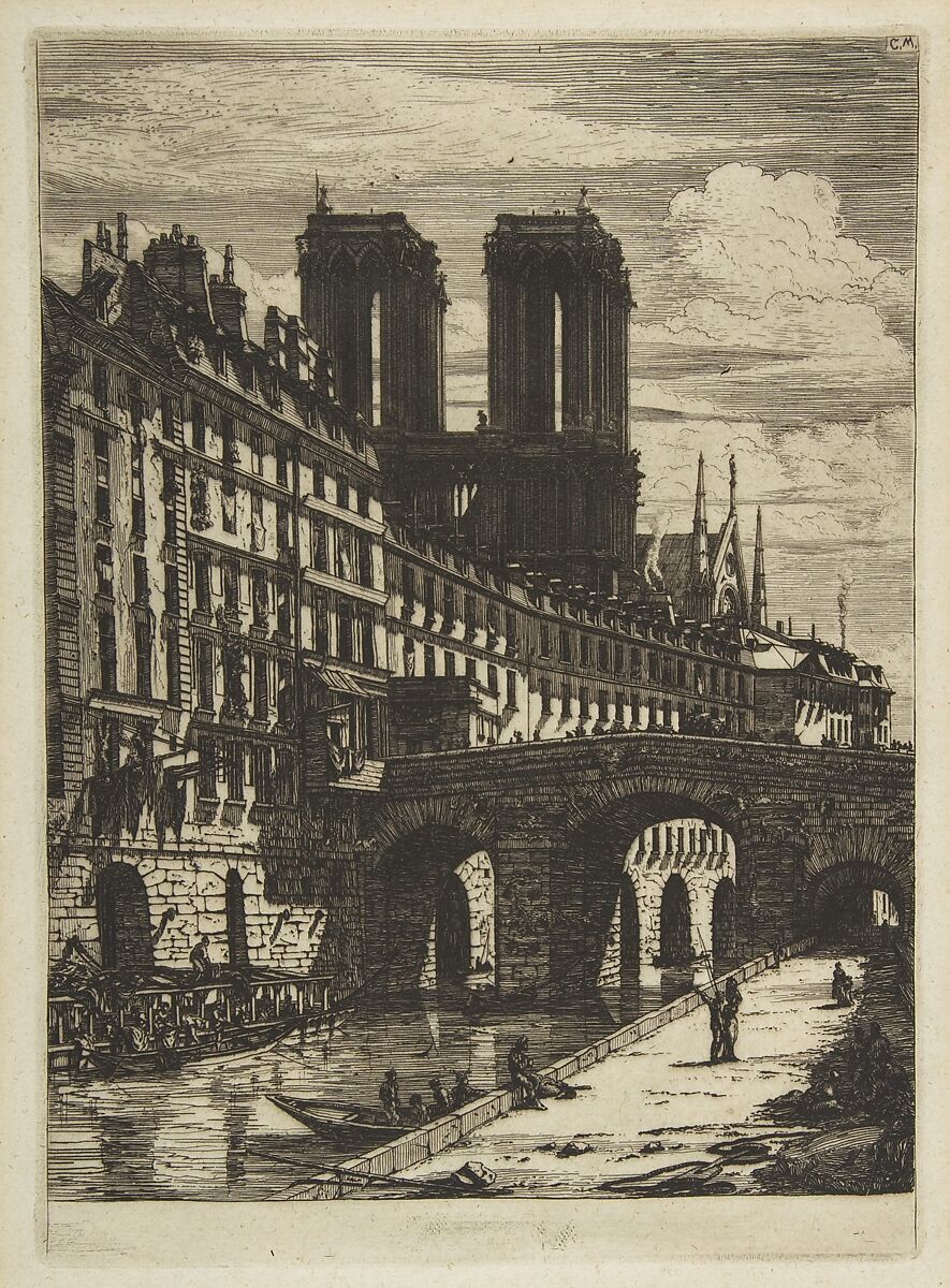 The Petit Pont, Paris, Charles Meryon (French, 1821–1868), Etching and engraving on green laid paper; fourth state (of nine) 