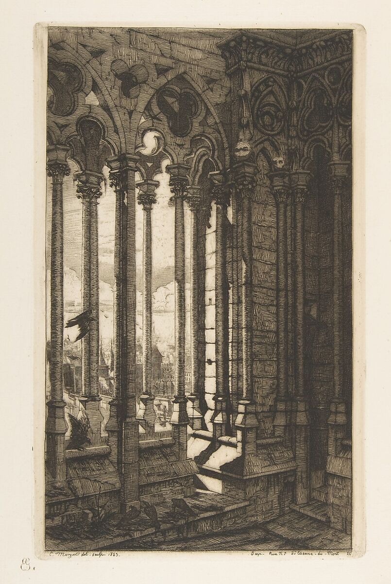 The Gallery, Nôtre-Dame Cathedral, Paris, from "Etchings of Paris", Charles Meryon (French, 1821–1868), Etching on laid paper; fourth state of six 