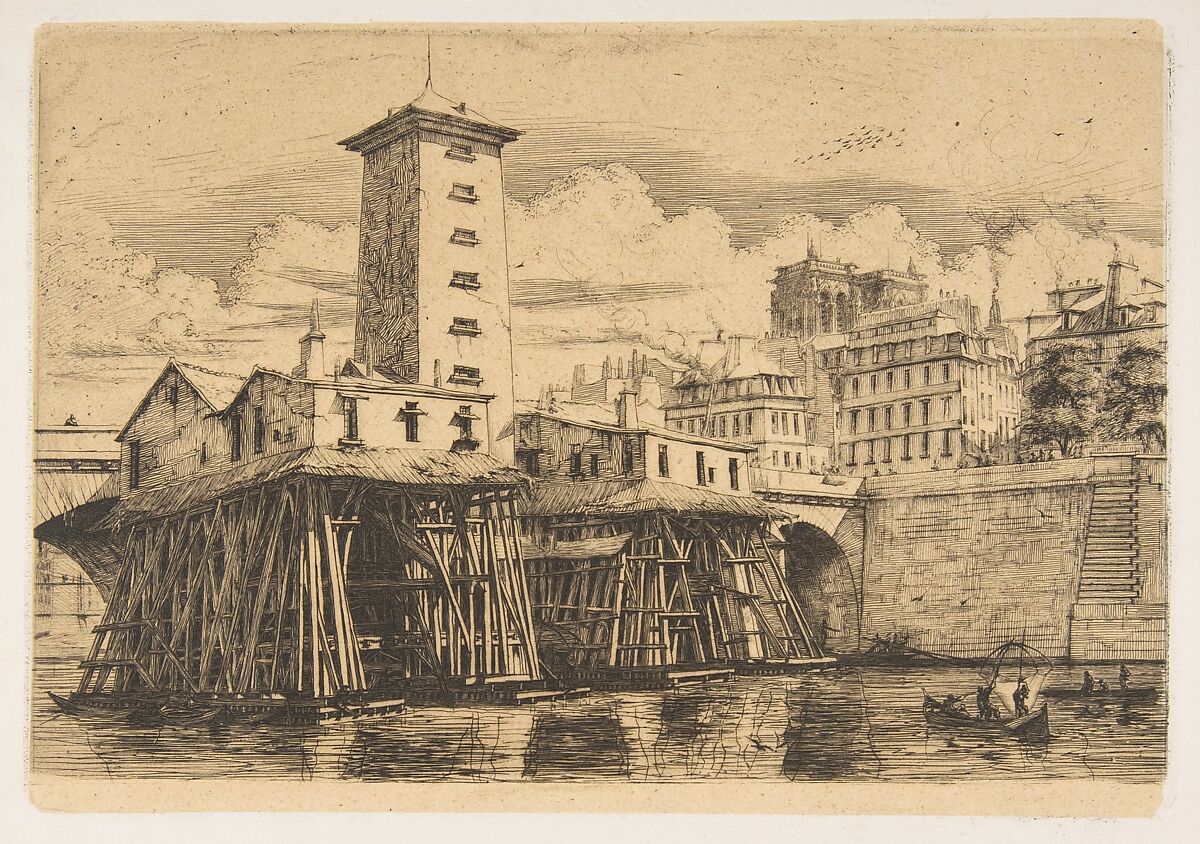 The Nôtre-Dame Pump, Paris, Charles Meryon (French, 1821–1868), Etching on chine collé; eighth state of ten 