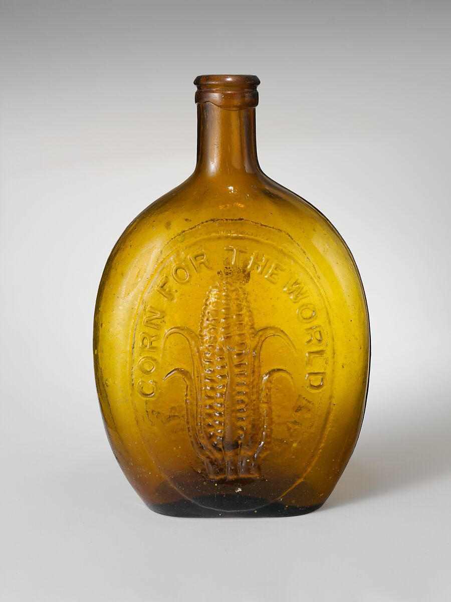 Flask, Baltimore Glass Works (1800–ca. 1890), Free-blown molded amber glass, American 