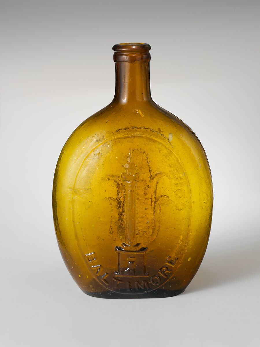 Flask, Baltimore Glass Works (1800–ca. 1890), Free-blown molded amber glass, American