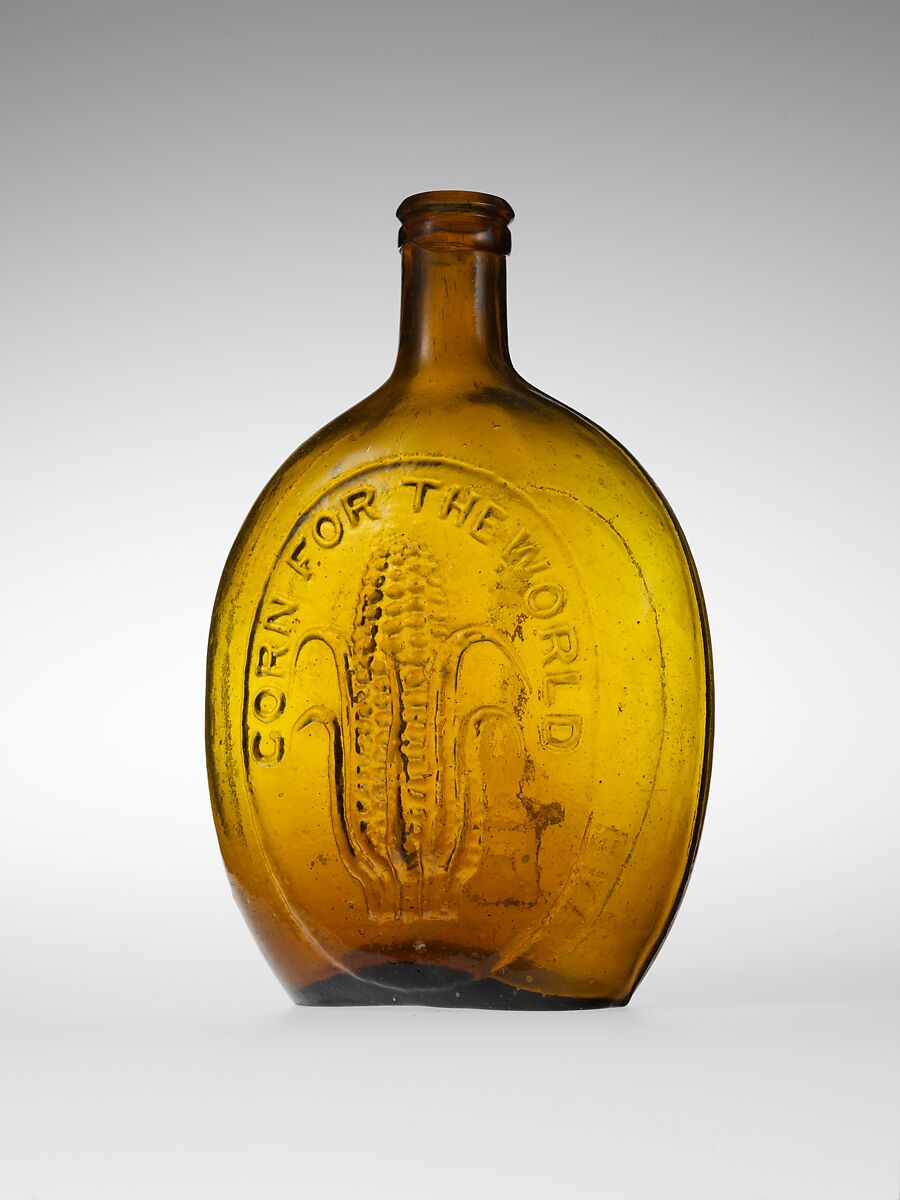 Flask, Baltimore Glass Works (1800–ca. 1890), Free-blown molded amber glass, American