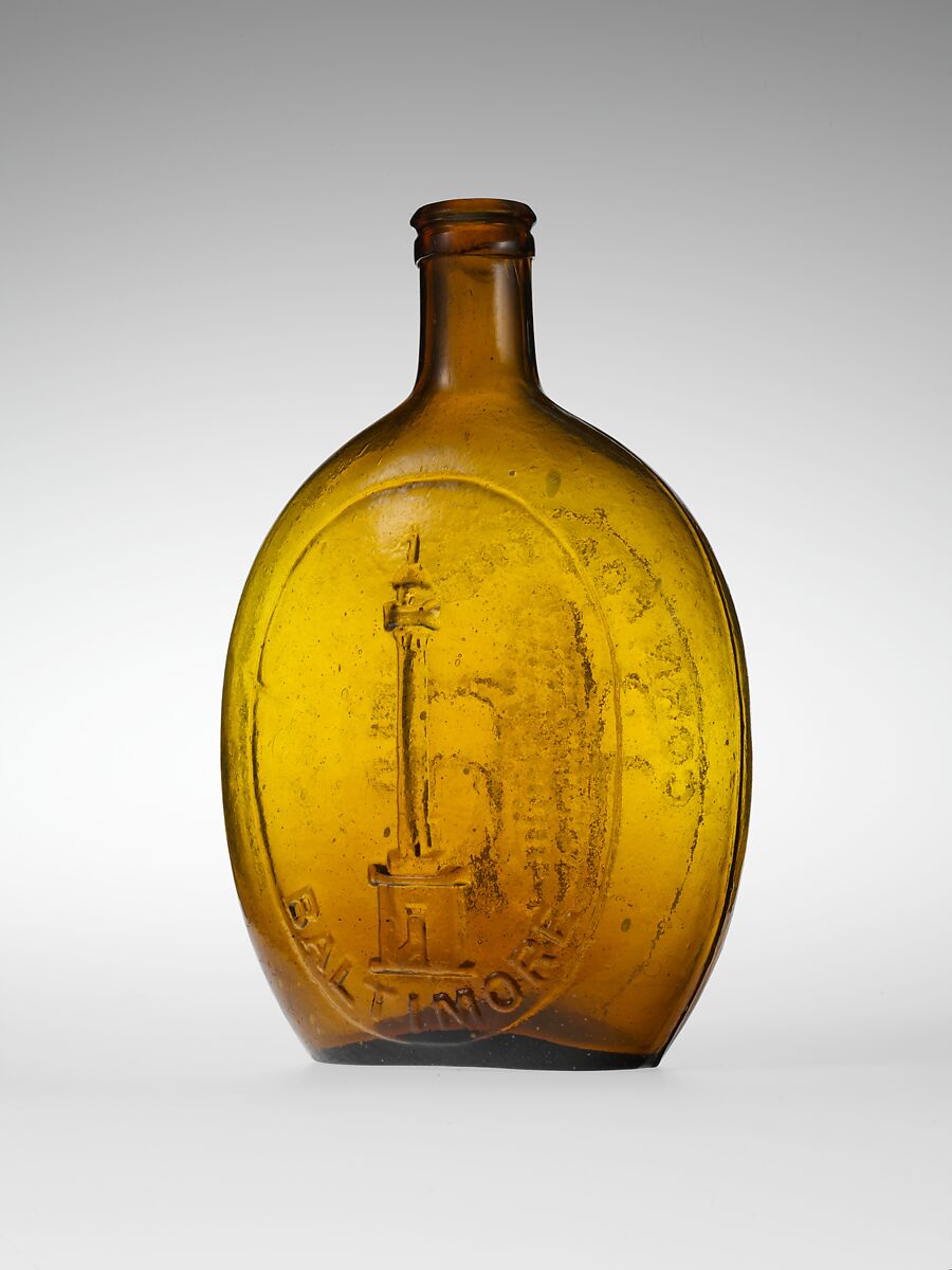 Flask, Baltimore Glass Works (1800–ca. 1890), Free-blown molded amber glass, American