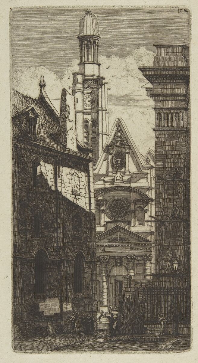 The Church of St. Etienne-du-Mont, Paris, Charles Meryon (French, 1821–1868), Etching and drypoint on green laid paper; fourth state of eight 