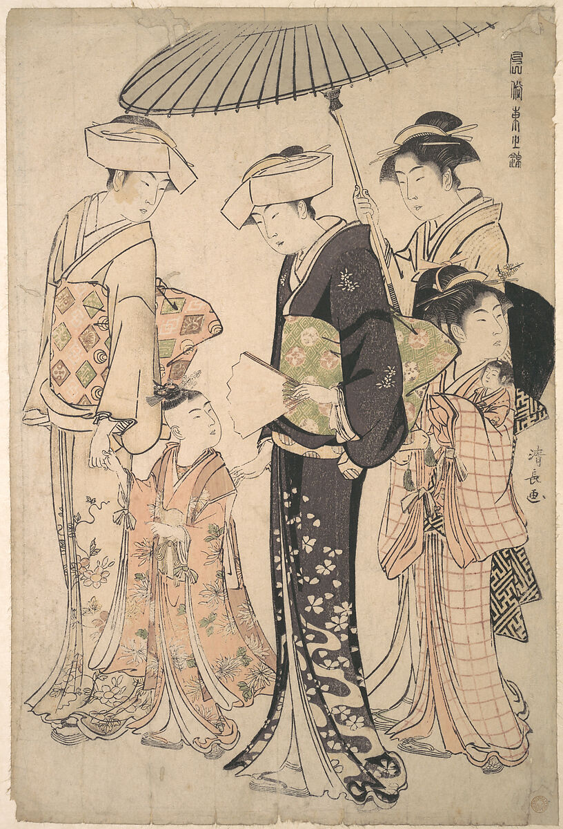 Two Women in Summer Costume Taking a Young Girl to a Shinto Temple for the Miya Mairi Ceremony, Torii Kiyonaga (Japanese, 1752–1815), Woodblock print; ink and color on paper, Japan 