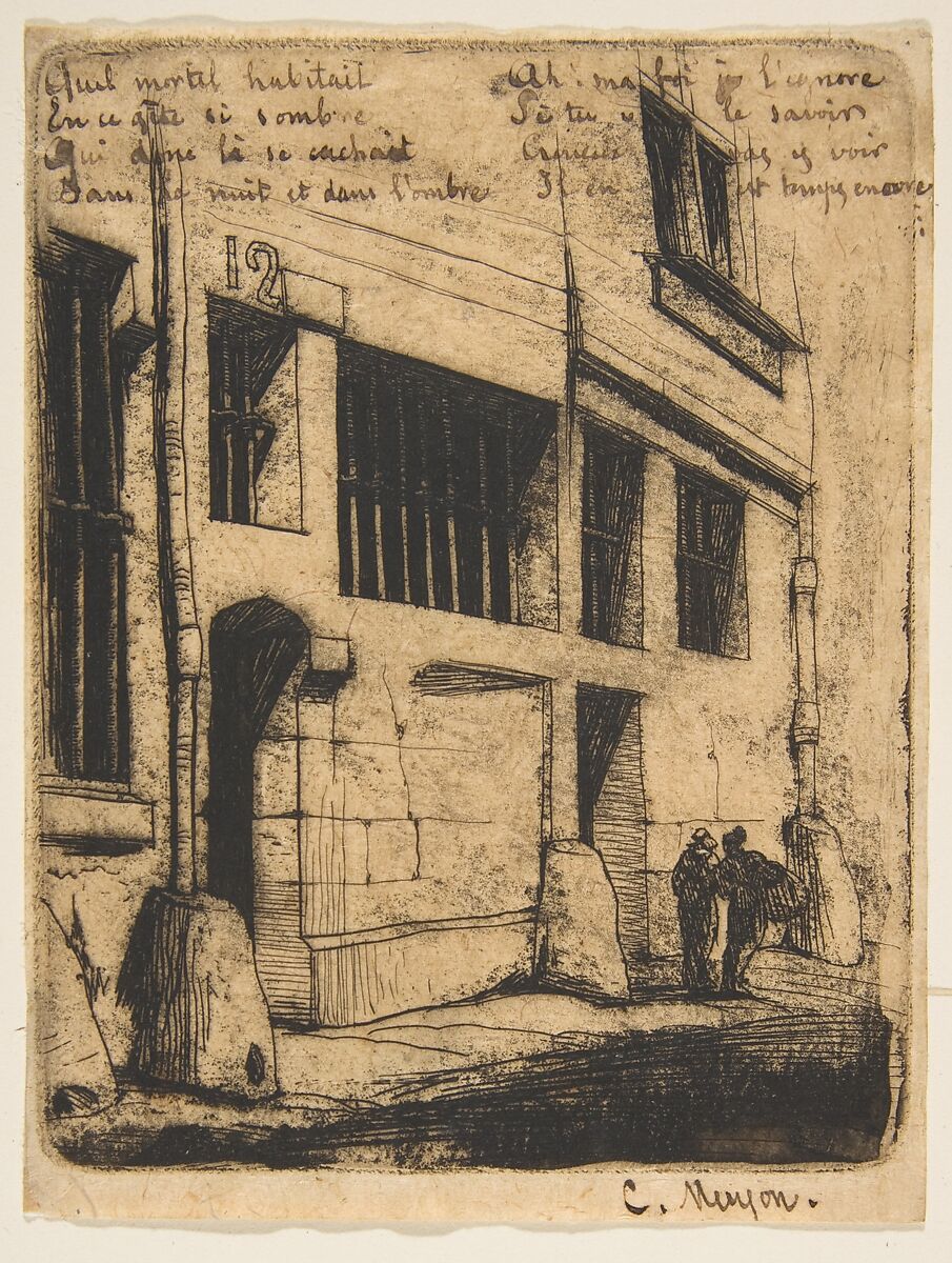 Rue des Mauvais Garçons, Paris, Charles Meryon (French, 1821–1868), Etching on wove paper; first of three states; lines of verse added in pen and ink 