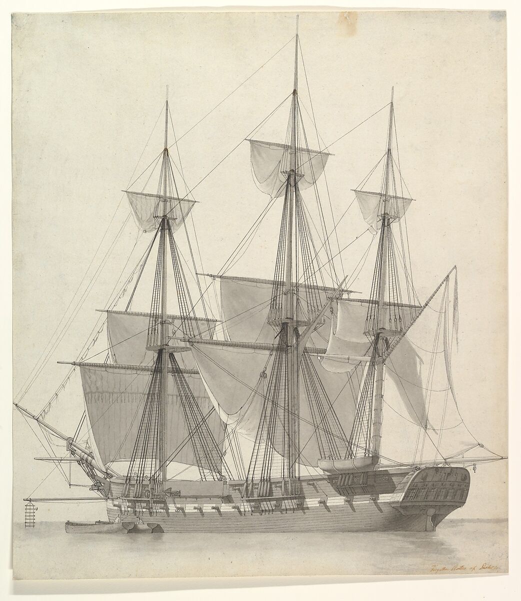 The Frigate Rotha, Carl Dahl (Danish, Fåborg 1812–1865 Copenhagen), Pen and black ink with brush and gray wash over graphite 