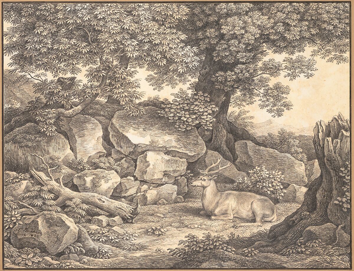 Italian Landscape with Trees, Rocks and a Resting Deer, Johann Christian Reinhart (German, Hof 1761–1847 Rome), Graphite and black chalk 