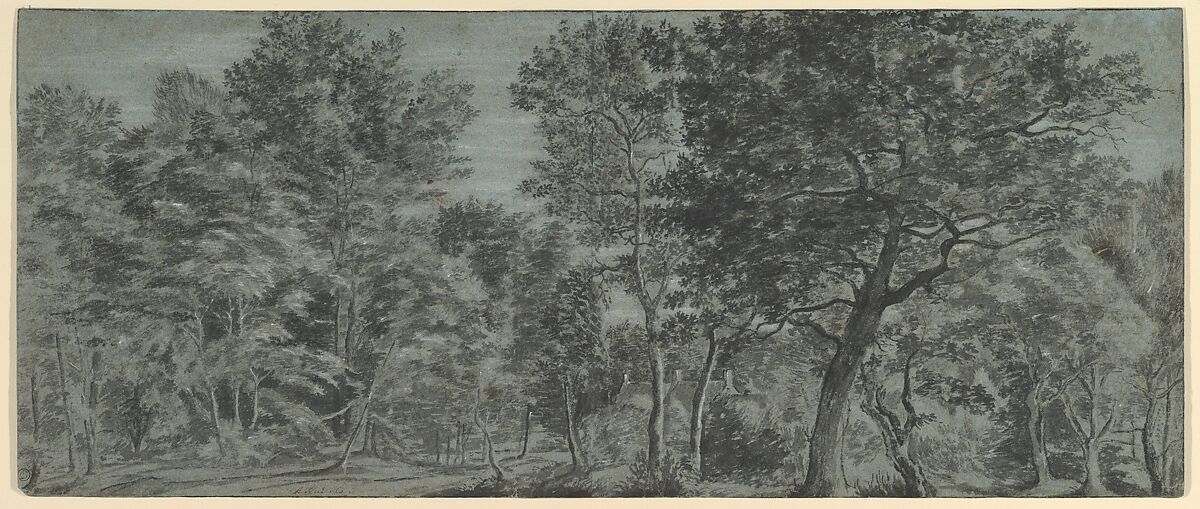 View of a Forest, Joris Abrahamsz. van der Haagen (Dutch, Arnheim 1613/17–1669 The Hague), Pen and gray ink and washes with heightening in white gouache on two sheets of joined blue paper 