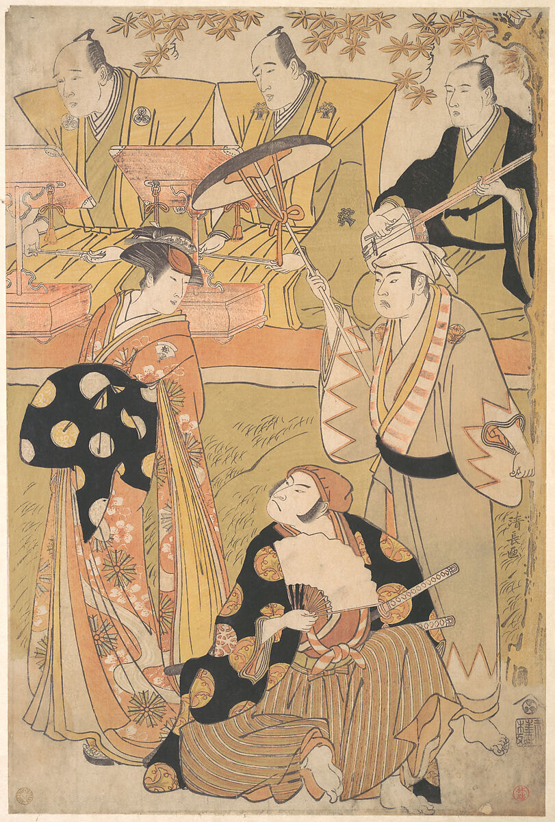 Onoe Matsusuke I as an Oiran Stands at the Left, Talking to Nakamura Nakazo I as a Samurai, Torii Kiyonaga (Japanese, 1752–1815), Woodblock print; ink and color on paper, Japan 