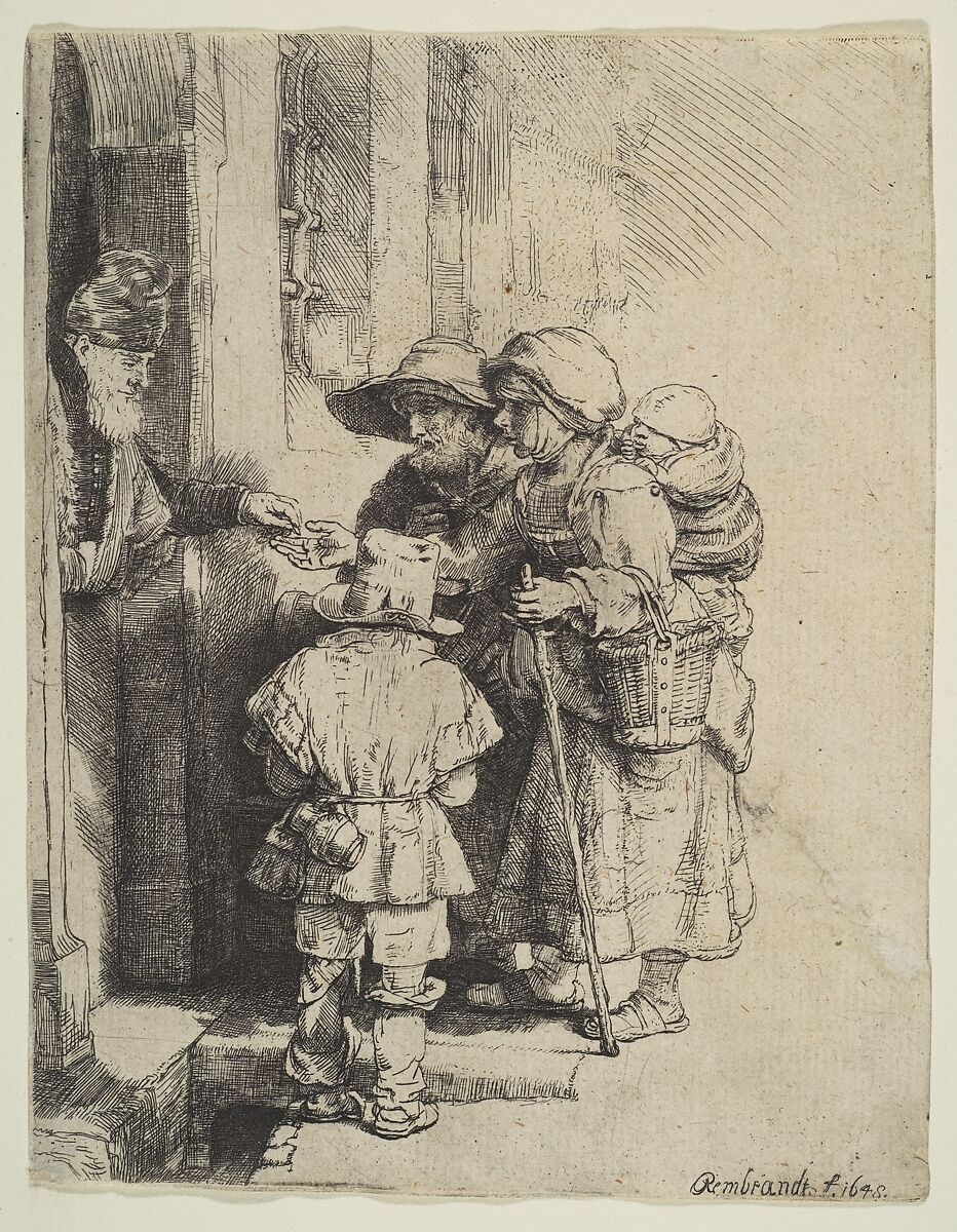 The Blind Hurdy-Gurdy Player and Family Receiving Alms, After Rembrandt (Rembrandt van Rijn) (Dutch, Leiden 1606–1669 Amsterdam), Etching and drypoint; third of five states 