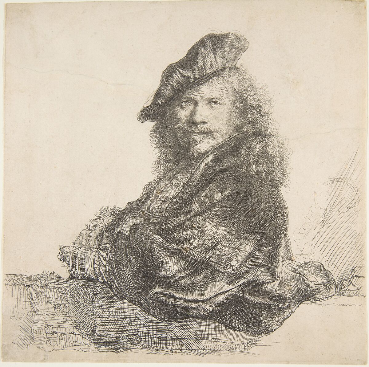 Self-Portrait, Leaning on a Stone Wall, Rembrandt (Rembrandt van Rijn) (Dutch, Leiden 1606–1669 Amsterdam), Etching 