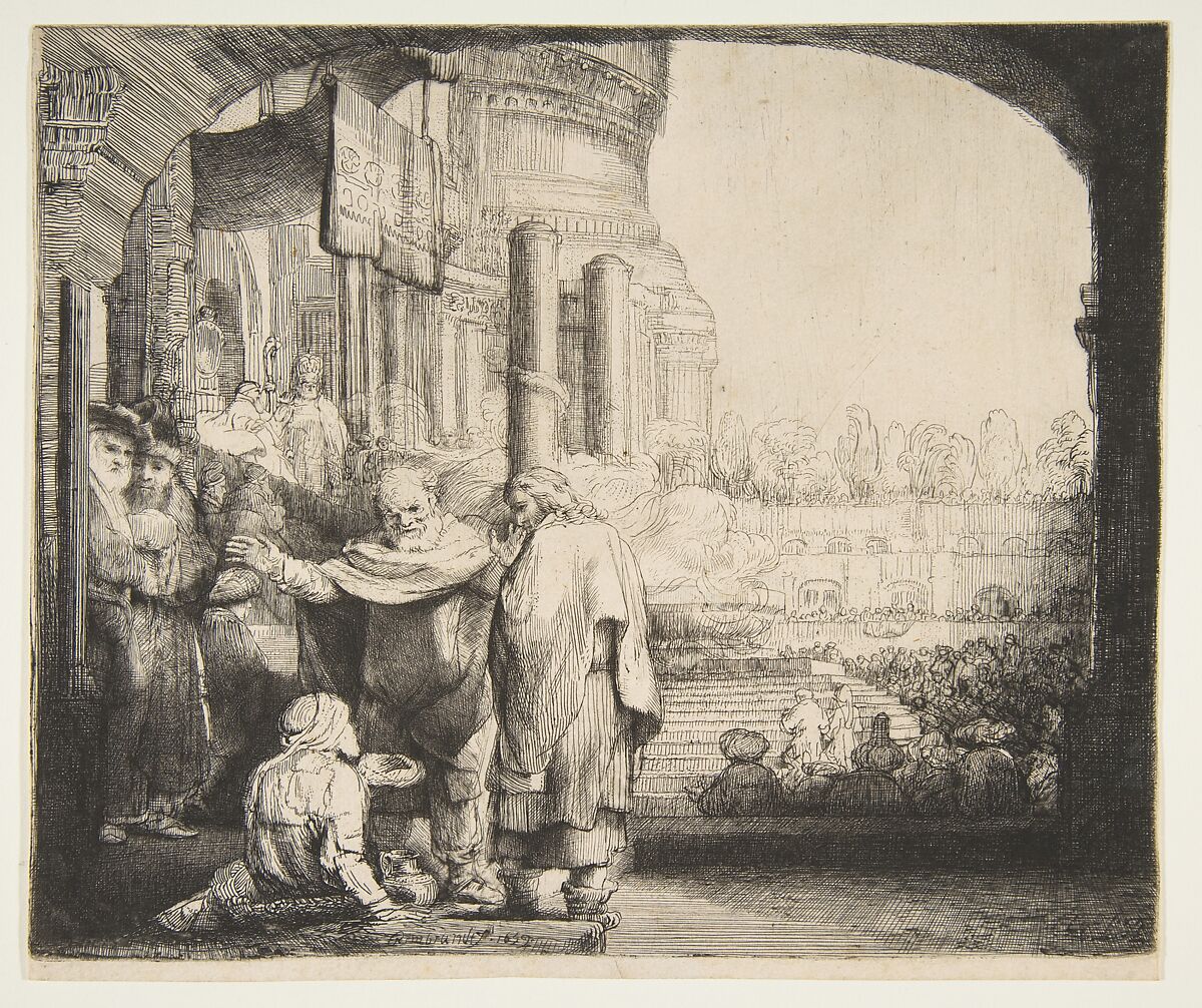 Peter and John Healing the Cripple at the Gate of the Temple, Rembrandt (Rembrandt van Rijn) (Dutch, Leiden 1606–1669 Amsterdam), Etching, engraving, and drypoint; second of six states 