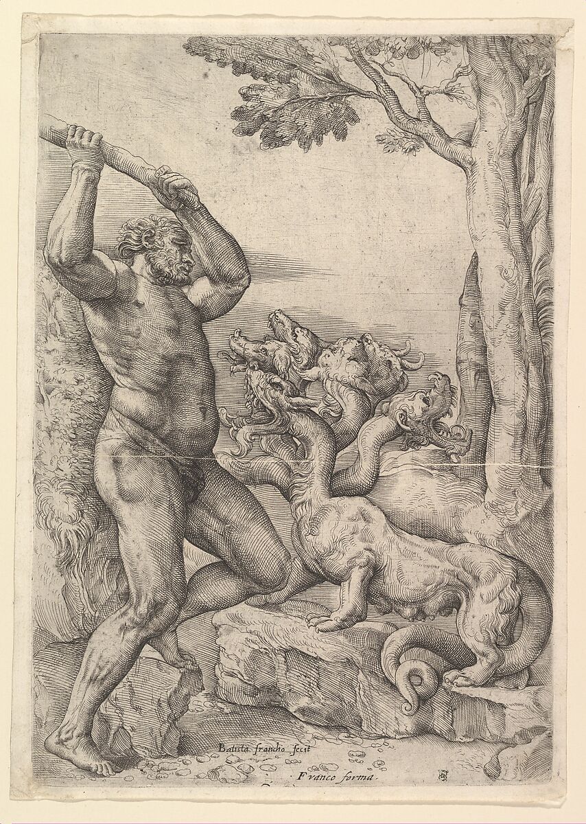 Hercules Killing the Hydra of Lerna, Battista Franco (Italian, Venice ca. 1510–1561 Venice), Etching and engraving; second state 