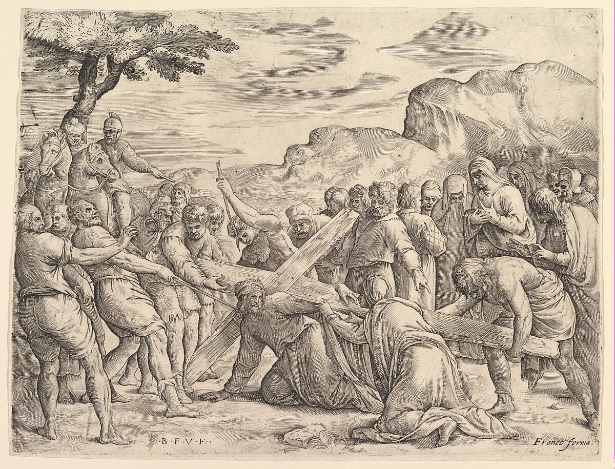 Christ Carrying the Cross, Battista Franco (Italian, Venice ca. 1510–1561 Venice), Etching and engraving; state two 