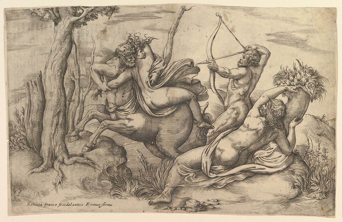 The Abduction of Dejanira, Battista Franco (Italian, Venice ca. 1510–1561 Venice), Etching and engraving, state ii 