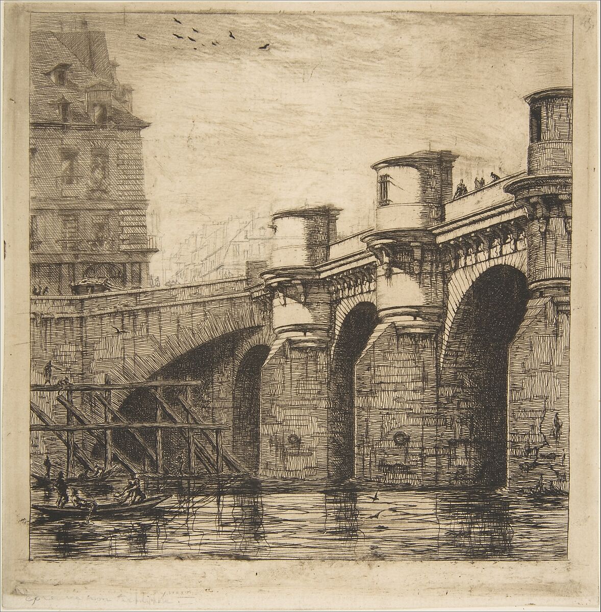 Pont-Neuf, Paris, Charles Meryon (French, 1821–1868), Etching and drypoint (burnished) on laid paper; eighth state of eleven; with additions in graphite 
