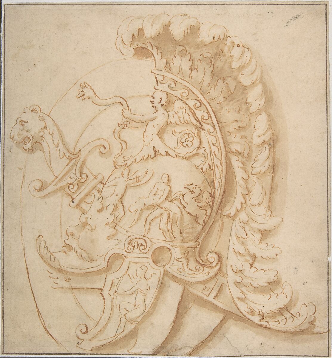Design for a Trophy with Sword and a Plumed Helmet Decorated with Grotesques Masks, Classical Motifs, Anonymous, Italian, 17th century, Pen and brown ink, brush and brown wash 