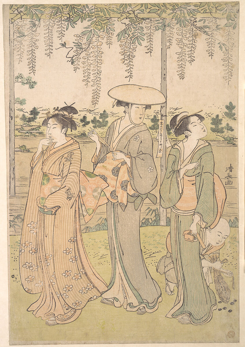 Three Women and a Small Boy beneath a Wisteria Arbor on the Bank of a Stream, Torii Kiyonaga (Japanese, 1752–1815), One sheet of a triptych of woodblock prints; ink and color on paper, Japan 