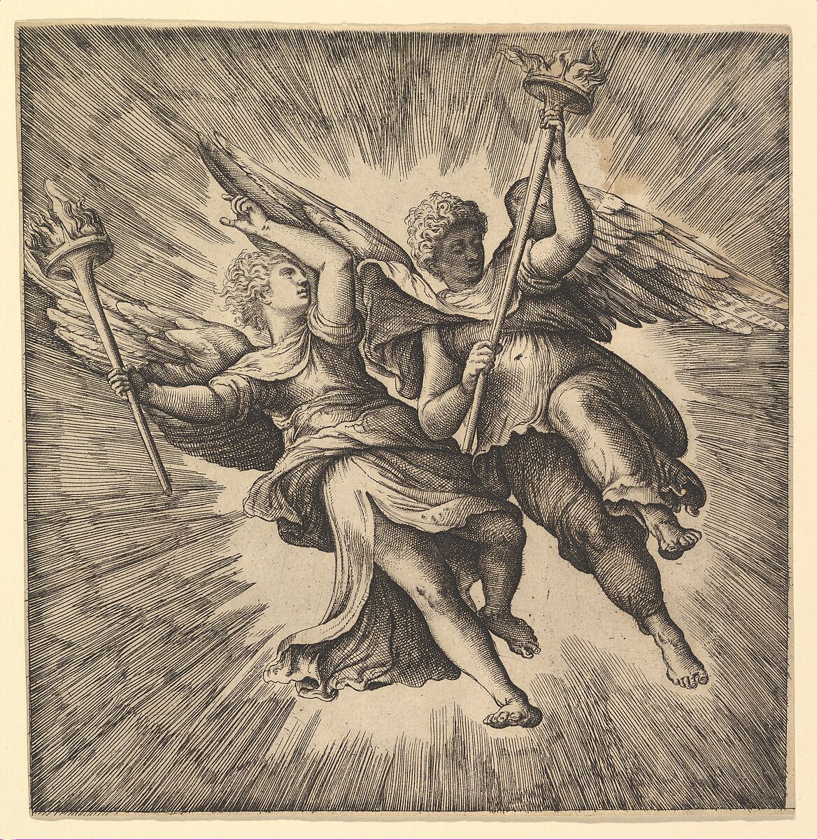 Two Angels or Winged Genii Carrying Torches, Battista Franco (Italian, Venice ca. 1510–1561 Venice), Etching and engraving 