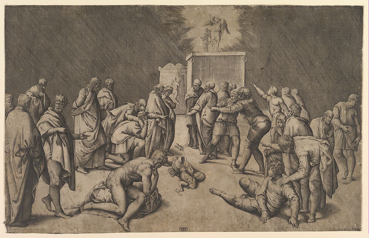 The Philistines Place the Ark of the Covenant in the Temple of Dagon, Battista Franco (Italian, Venice ca. 1510–1561 Venice), Engraving with etching; second state 