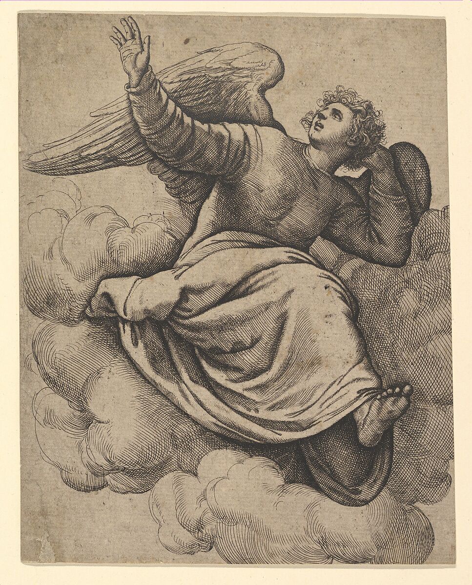 Angel Seated on a Cloud, Battista Franco (Italian, Venice ca. 1510–1561 Venice), Etching and engraving 