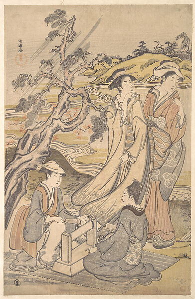 Group of Four Women on the Bank of a Winding Stream, Kubo Shunman (Japanese, 1757–1820), Woodblock print; ink and color on paper, Japan 
