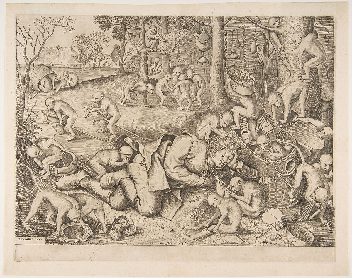 The Merchant Robbed by Monkeys, Pieter van der Heyden (Netherlandish, ca. 1525–1569), Engraving; first state of five 