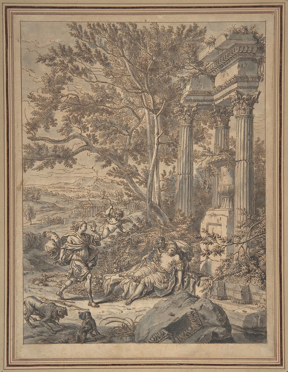 Silvio Approaches Dorinda whom He Has Wounded with an Arrow (Il Pastor Fido, act IV, scene 8), Richard van Orley (Flemish, Brussels 1663–1732 Brussels), Pen and brown ink, gray wash, heightened with white gouache; framing line in pen and brown ink, by the artist; incised for transfer 