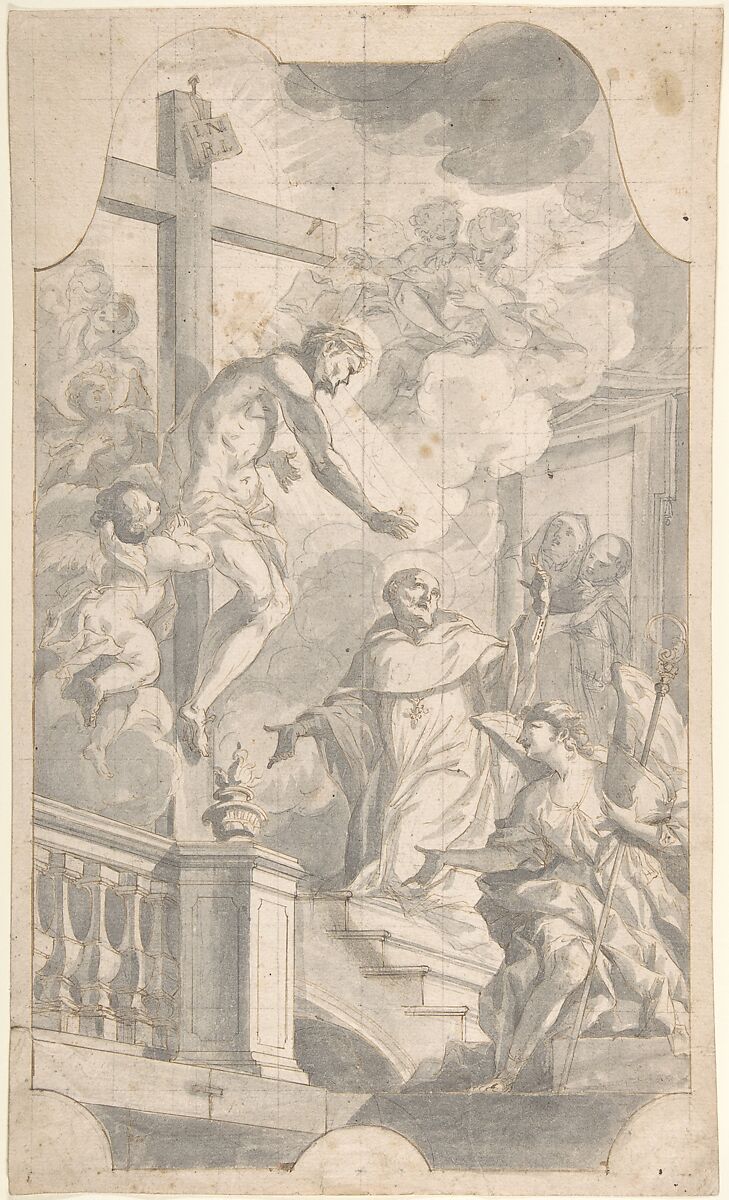 Christ Appearing to St. Bernard, Johann Georg Wolcker (German, Burgau 1700–1766 Augsburg), Pen and brown ink, brush and gray wash over black chalk 