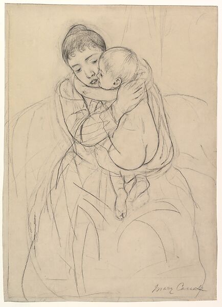 Maternal Caress, Mary Cassatt (American, Pittsburgh, Pennsylvania 1844–1926 Le Mesnil-Théribus, Oise), Compressed charcoal and graphite over some charcoal lines 