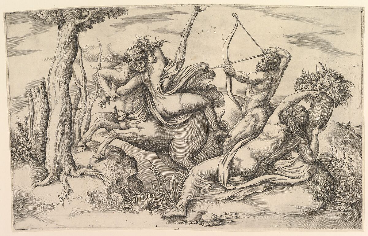 The abduction of Dejanira held by the centaur Nessus, Battista Franco (Italian, Venice ca. 1510–1561 Venice), Etching and engraving; first state 
