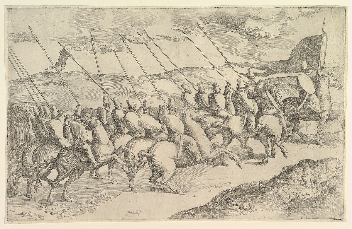 A company of horsemen riding to the right, Battista Franco (Italian, Venice ca. 1510–1561 Venice), Etching 