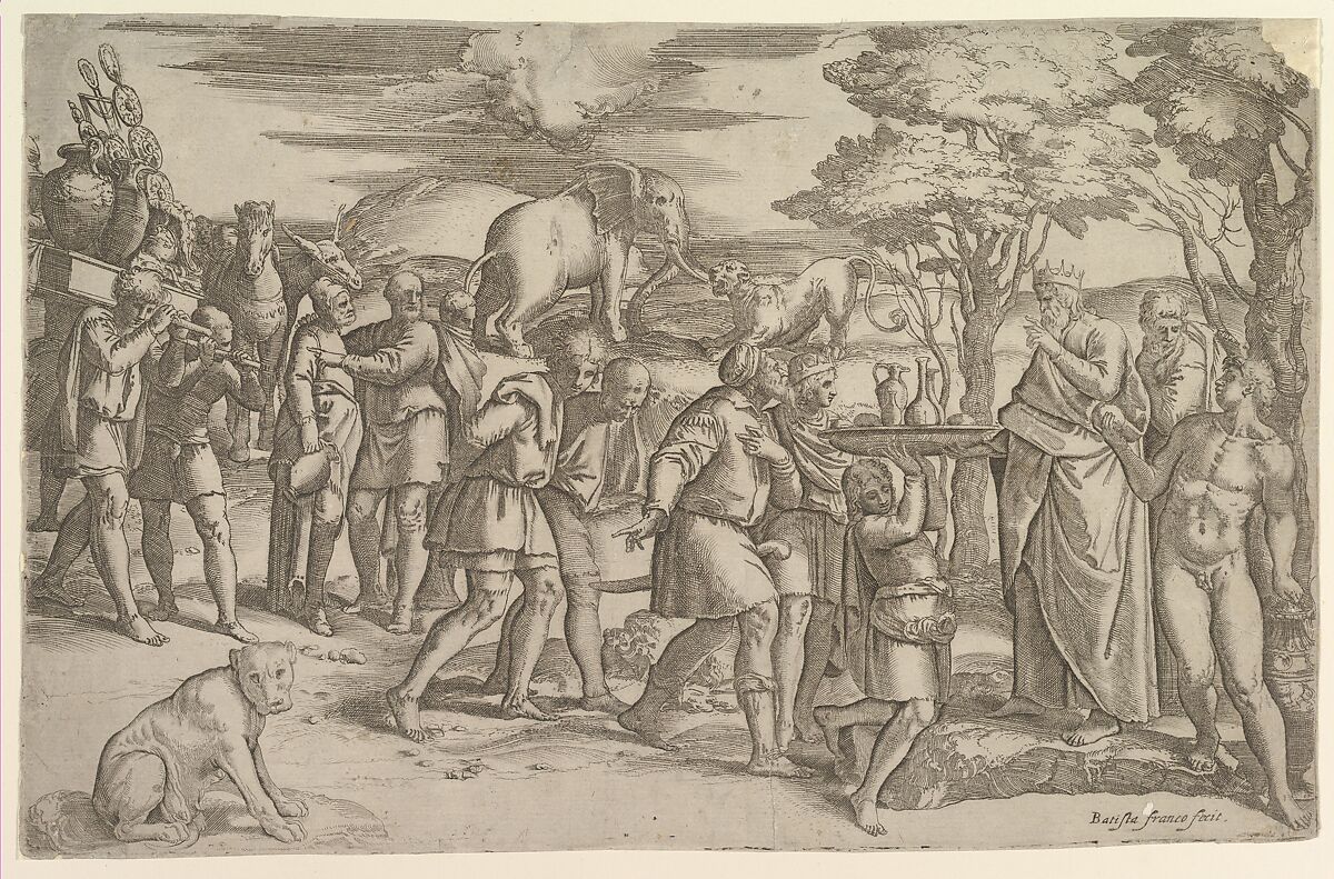 Melchizadek offering bread and wine to Abraham, Battista Franco (Italian, Venice ca. 1510–1561 Venice), Etching and engraving; third state 
