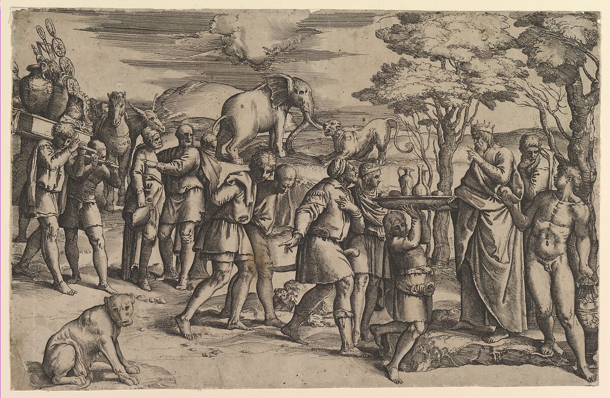 Melchizadek offering bread and wine to Abraham, Battista Franco (Italian, Venice ca. 1510–1561 Venice), Etching and engraving; second state 