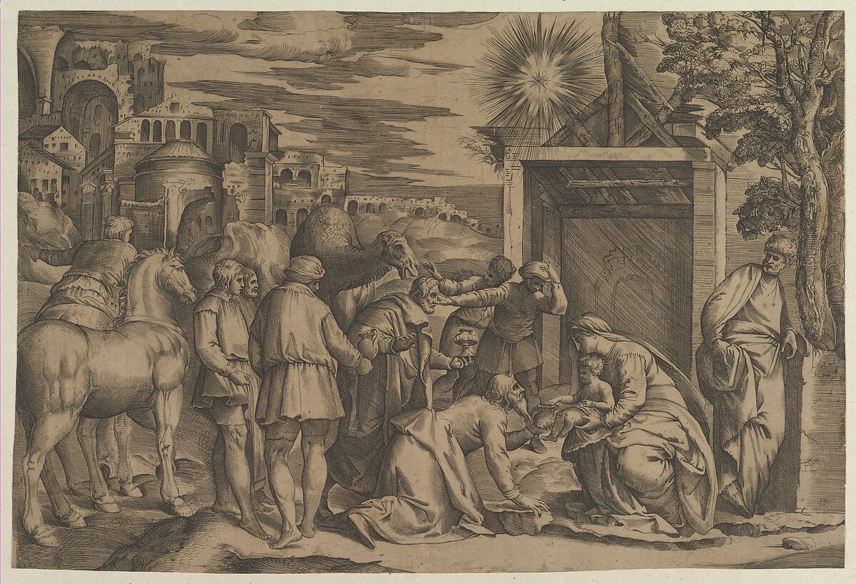 The Adoration of the Magi, Battista Franco (Italian, Venice ca. 1510–1561 Venice), Engraving and etching 
