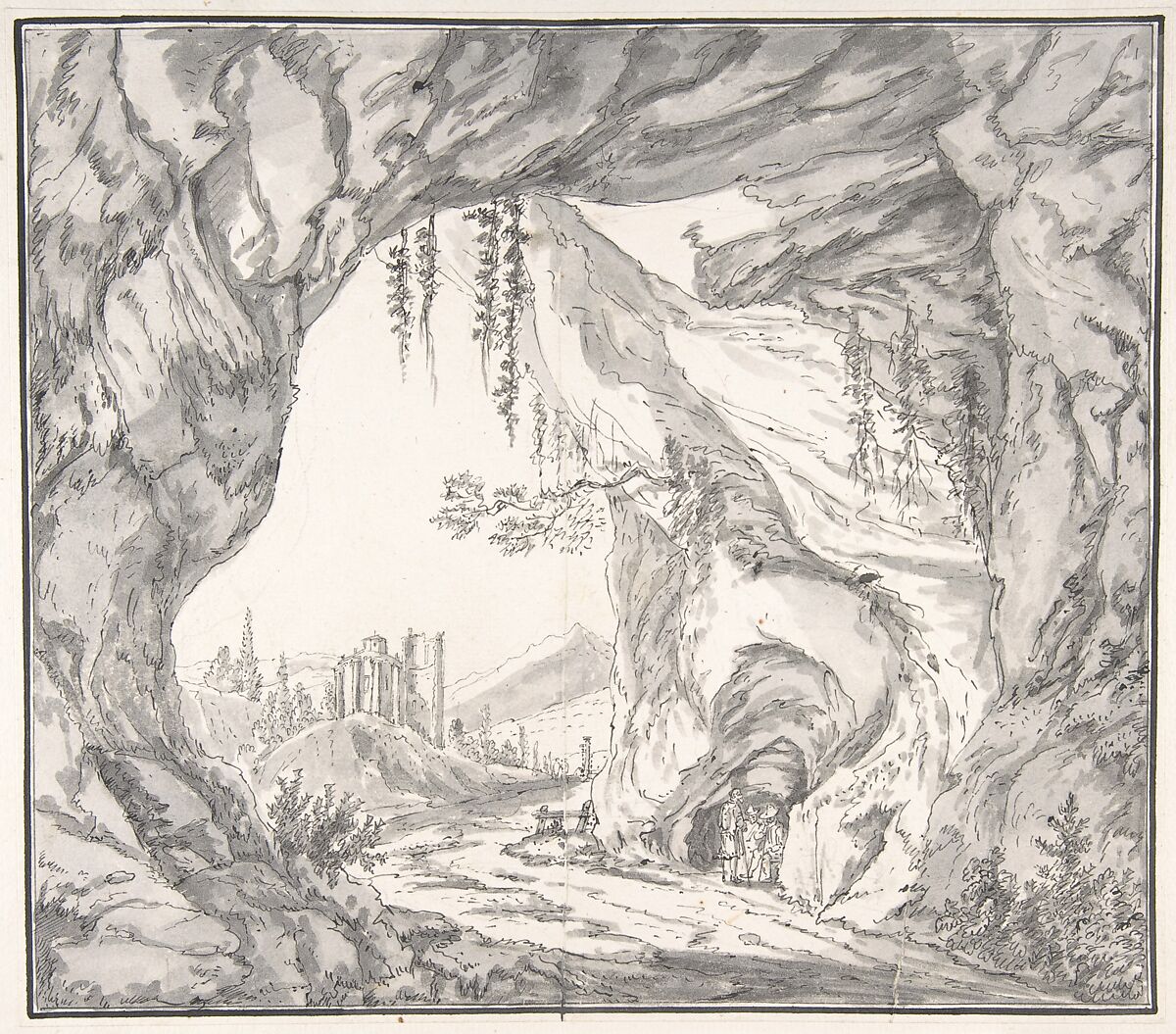 Mountainous Landscape with Ruins of a Castle and Three Men in a Cave, Seen through a Stone Gate, Johann Caspar Huber (Swiss, Glattfelden near Zürich 1752–1827 Zürich), Pen and black ink, brush and gray watercolor over graphite. Double framing line in ink. 